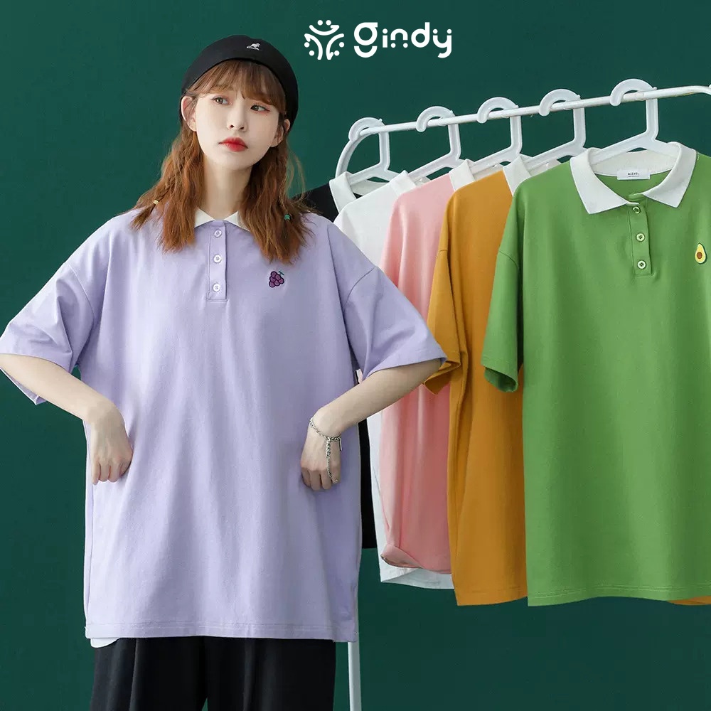 [Mua 1 tặng 1] Áo polo nam nữ form rộng Hàn Quốc unisex GINDY tay lỡ thêu họa tiết hoa quả dễ thương A012