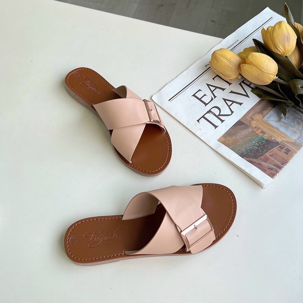 Dép Lê nữ quai chéo chất liệu da nhiều màu, đế TPR dẻo chống trơn trượt