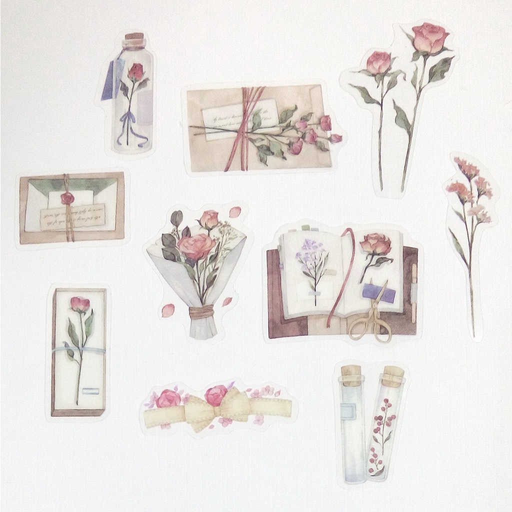 Sticker PET họa tiết hoa lá, nhãn dán vintage chất liệu nhựa trong