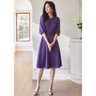 Đầm công sở dáng xoè nhẹ nhàng tinh tế cổ tròn tay phồng lửng