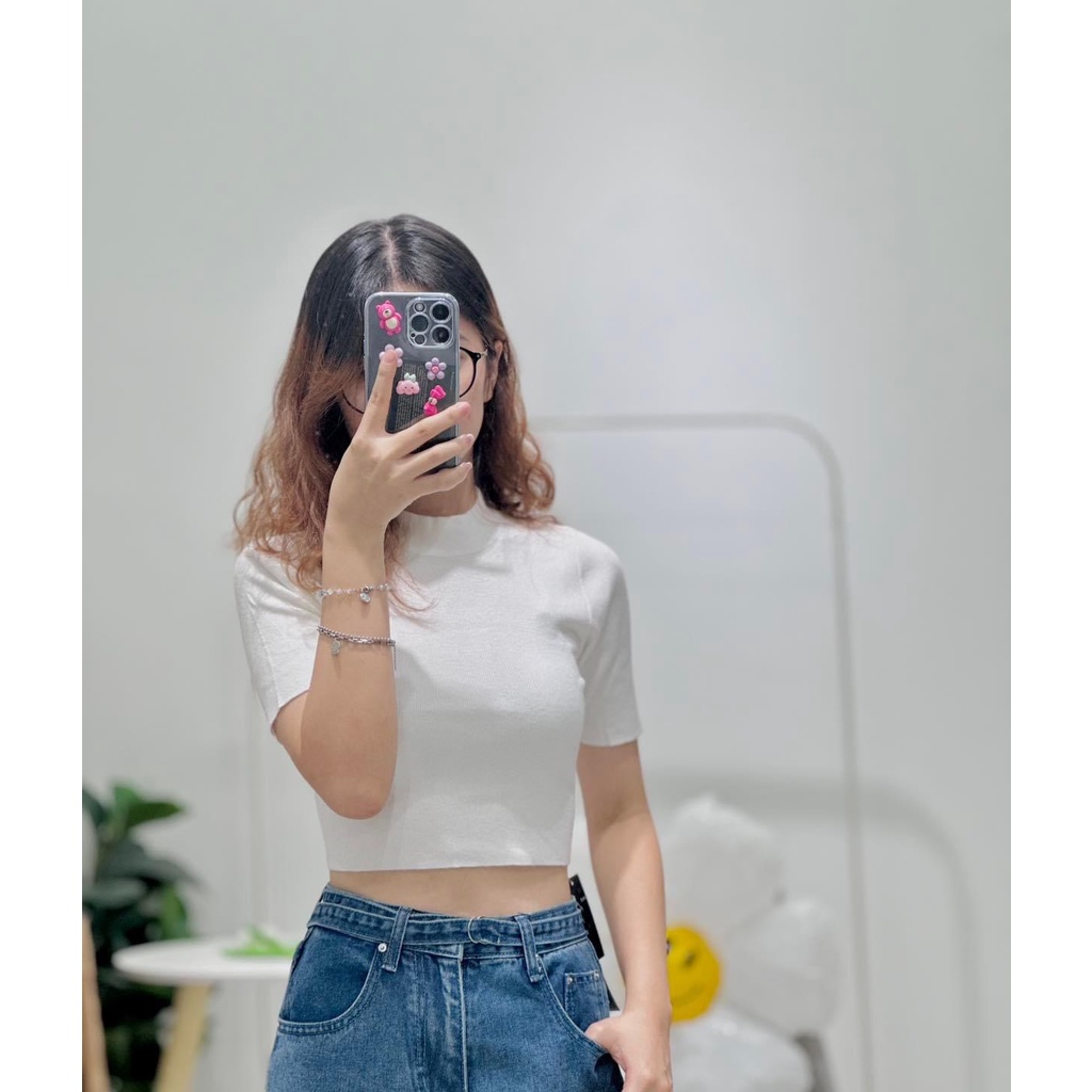 Áo Thun Croptop Cổ Cao Chất Len Phong Cách Hàn Quốc 2023