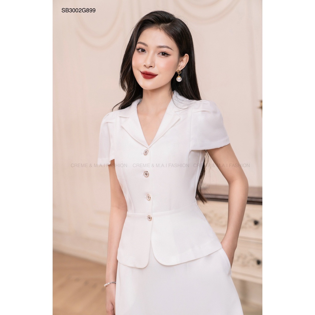 SET BỘ KÍ GIẢ CÔNG SỞ CỔ VEST TAY NGẮN DÁNG XÒE THIẾT KẾ CREME SB3002 | BigBuy360 - bigbuy360.vn