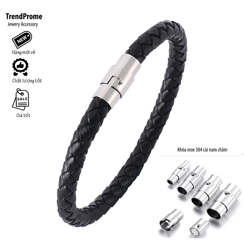 Vòng tay da bện đen 6mm khóa gài màu bạc inox siêu bền (hình thật 100%) - Thể hiện đẳng cấp phái mạnh
