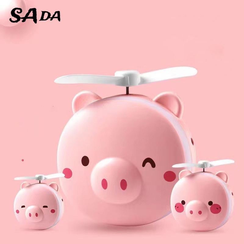 Quạt SADA mini kiểu chú heo hoạt hình dễ thương có đèn LED và cổng sạc USB tiện lợi