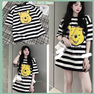 Áo phông nữ kẻ ngang áo thun nữ dáng thụng in gấu vàng freesize