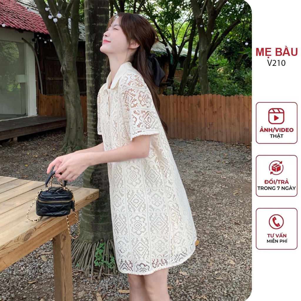 VÁY ĐẦM BẦU REN CỔ SƠ MI CHẤT ĐẸP - ĐẦM BẦU BABYDOLL DỰ TIỆC CƯỚI CỰC XINH FREESIZE
