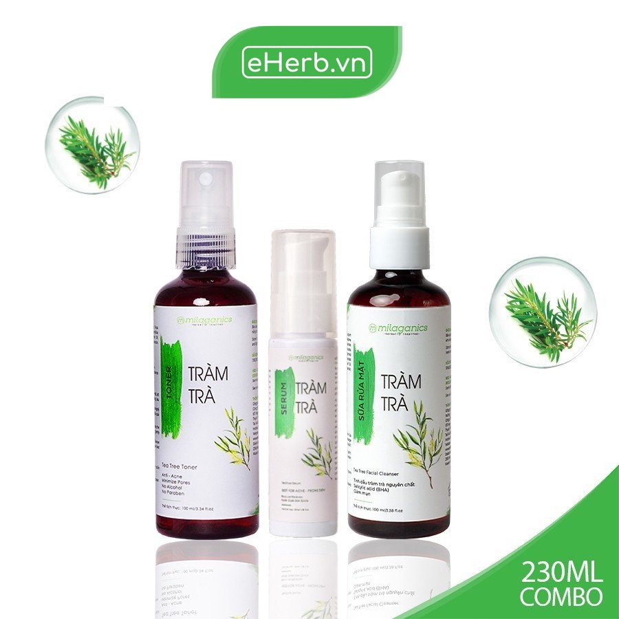 Combo Dưỡng Da Mụn Tràm Trà: Sữa Rửa Mặt, Toner Nước Hoa Hồng, Serum Chấm Mụn Ngừa Mụn, Giảm Thâm MILAGANICS 230ml (Bộ)