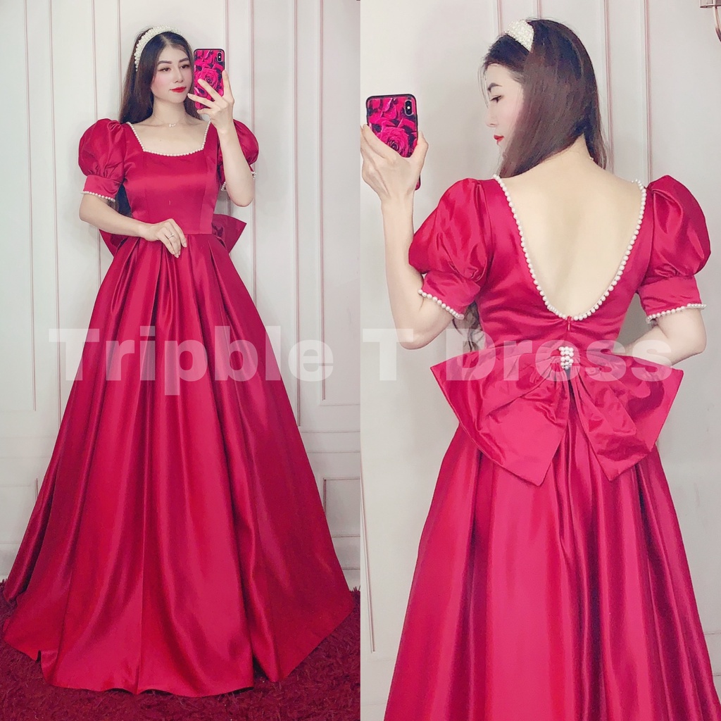 Đầm maxi cưới TRIPBLE T DRESS cổ U tay ngắn phồng hở lưng kết viền ngọc - size S/M/L - MS273Y