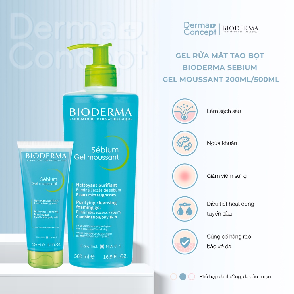 Gel rửa mặt tạo bọt, không chứa xà phòng Bioderma Sebium Gel Moussant 200ml/500ml