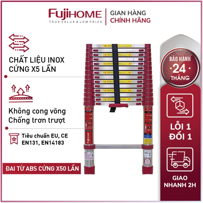 Thang inox rút đơn gấp gọn Nhập Khẩu 3,8M - 5M chính hãng FUJIHOME, thang rút xếp gọn gia đình đa năng