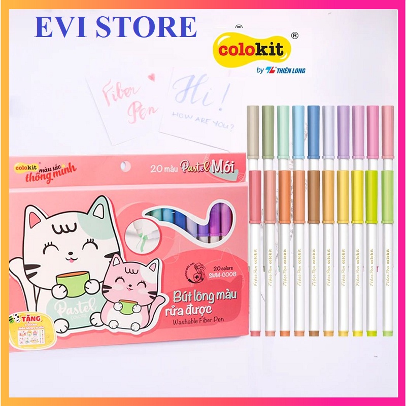 Bộ 20 bút lông màu Pastel Washable Fiber Pen Thiên Long Colokit SWM-C008 - Bút lông màu rửa được viết Calligraphy