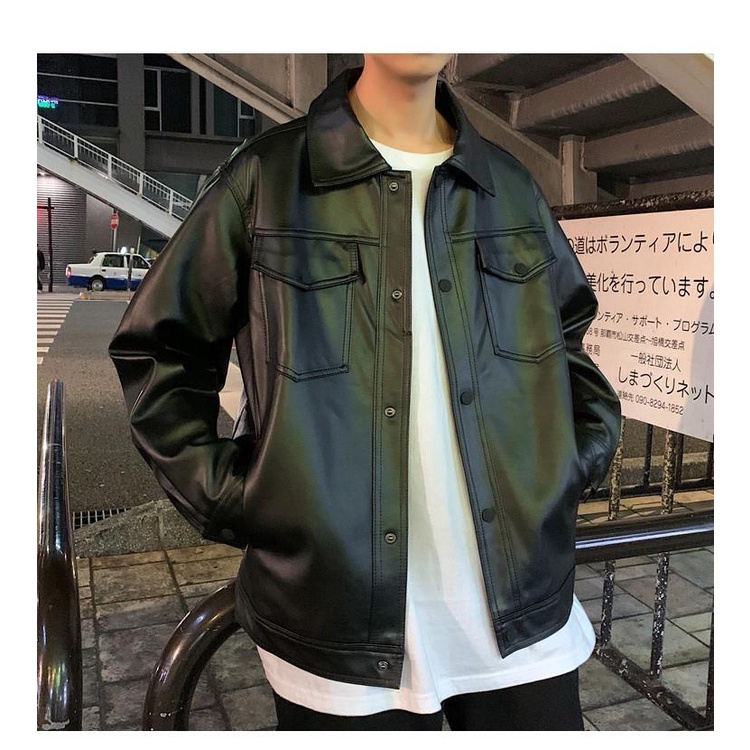 Áo Khoác Da Dáng Rộng Phối Túi Lớn Thời Trang Xuân Thu Cho Nam