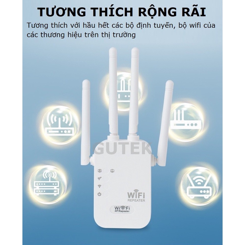 Bộ kích sóng wifi 4 râu Gutek KS1 tốc độ 300mbps 1200mbps phát xuyên tường kết nối xa sóng mạnh