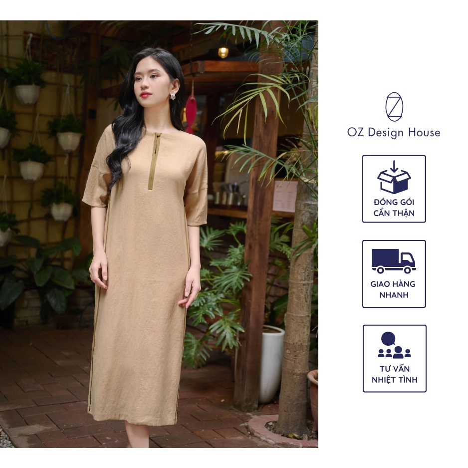 Đầm nữ OZ Design House DA01162SUM23 viscose cổ tròn dáng ôm phối nẹp xanh lá mạ màu be