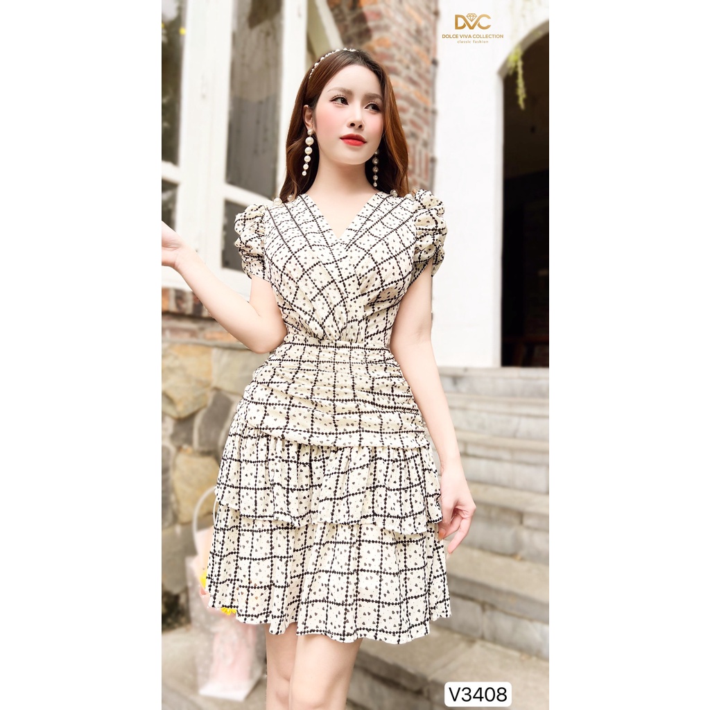 (có sắn) VÁY KẺ XOÈ TẦNG NHÚN EO V3408 - DVC
