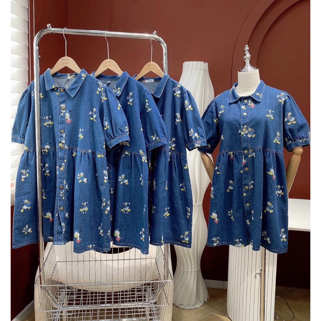 Đầm Jean Cổ Sơ Mi In Hình Vịt Donal, Váy Babydoll Chất Liệu Jean Bò Mềm - Huyền Shop