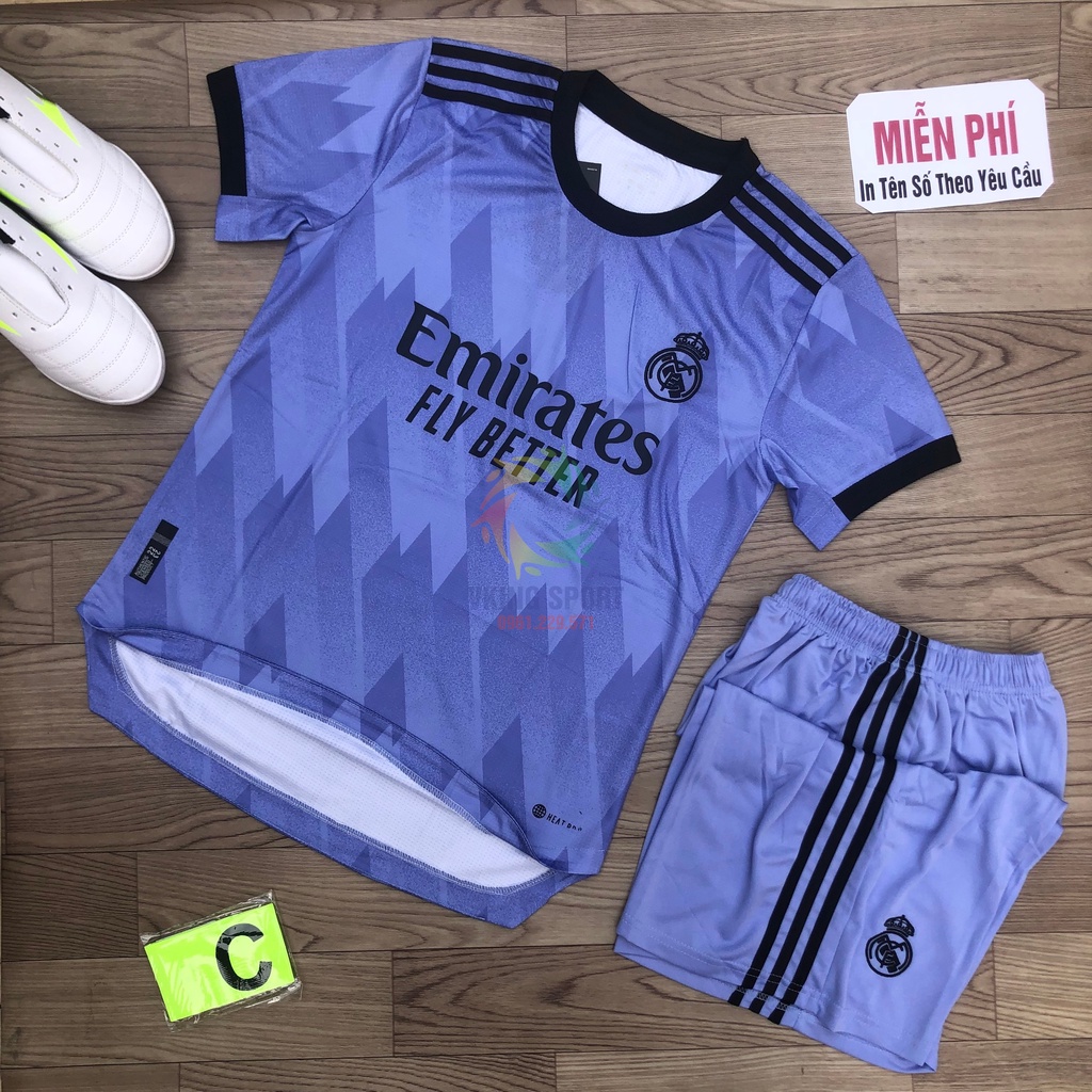 Bộ Quần Áo Bóng Đá Real Madrid 2023 Sân Khách Màu Tím Vải Gai Thái Có In Tên Số Theo Yêu Cầu