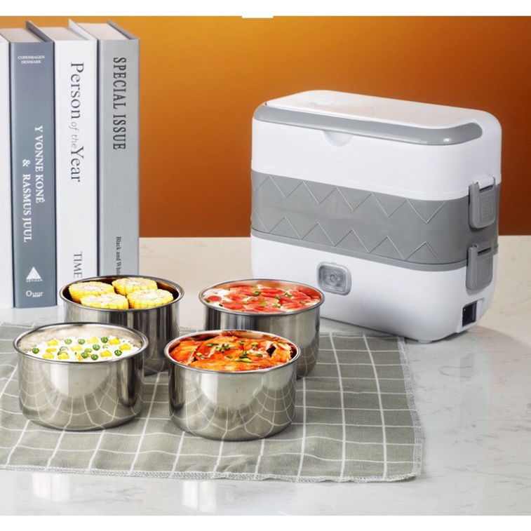 Hộp cơm cắm điện văn phòng 2 tầng 4 bát inox giữ nhiệt, hâm nóng và tự nấu chín nhỏ gọn,tiện lợi New - HC2