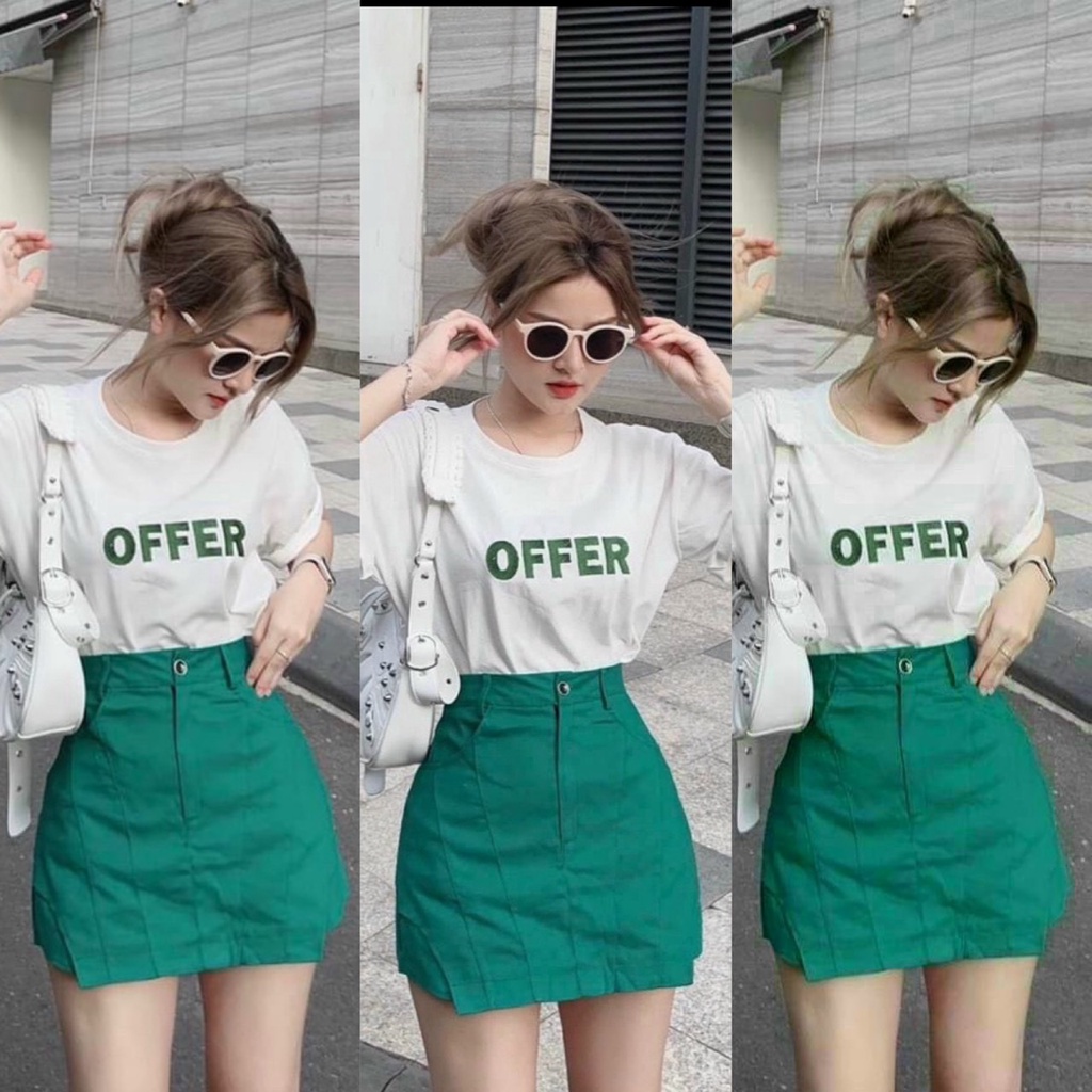Set đầm váy nữ áo thun cotton tay ngắn phối chân váy chữ A màu xanh năng động dành cho các tình yêu đi chơi.