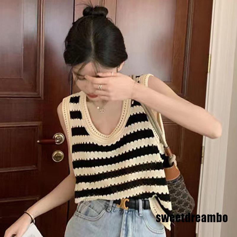 Áo Tank Top Dệt Kim Sát Nách Dáng Rộng Hoạ Tiết Kẻ Sọc Thời Trang Mùa Hè Cho Nữ