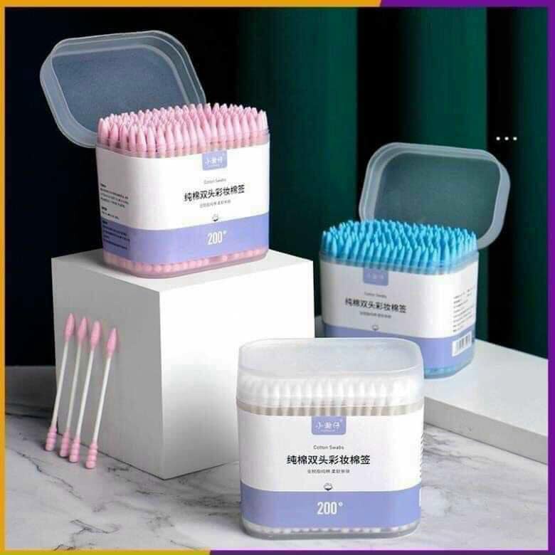Tăm bông ngoáy tai hai đầu bông ráy tai dùng một lần thiết kế đa chức năng tiện dụng hộp 200 que