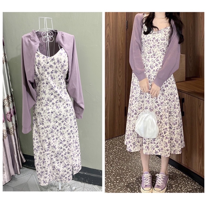 Set áo váy đầm vintage hoa nhí màu tím kèm áo