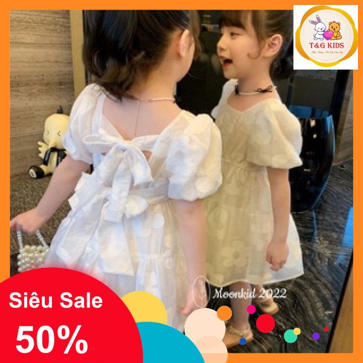 váy đầm công chúa màu trắng vải ren thêu hoa thiết kế bồng xòe 2 dây nơ buộc sau xinh xắn cho bé gái