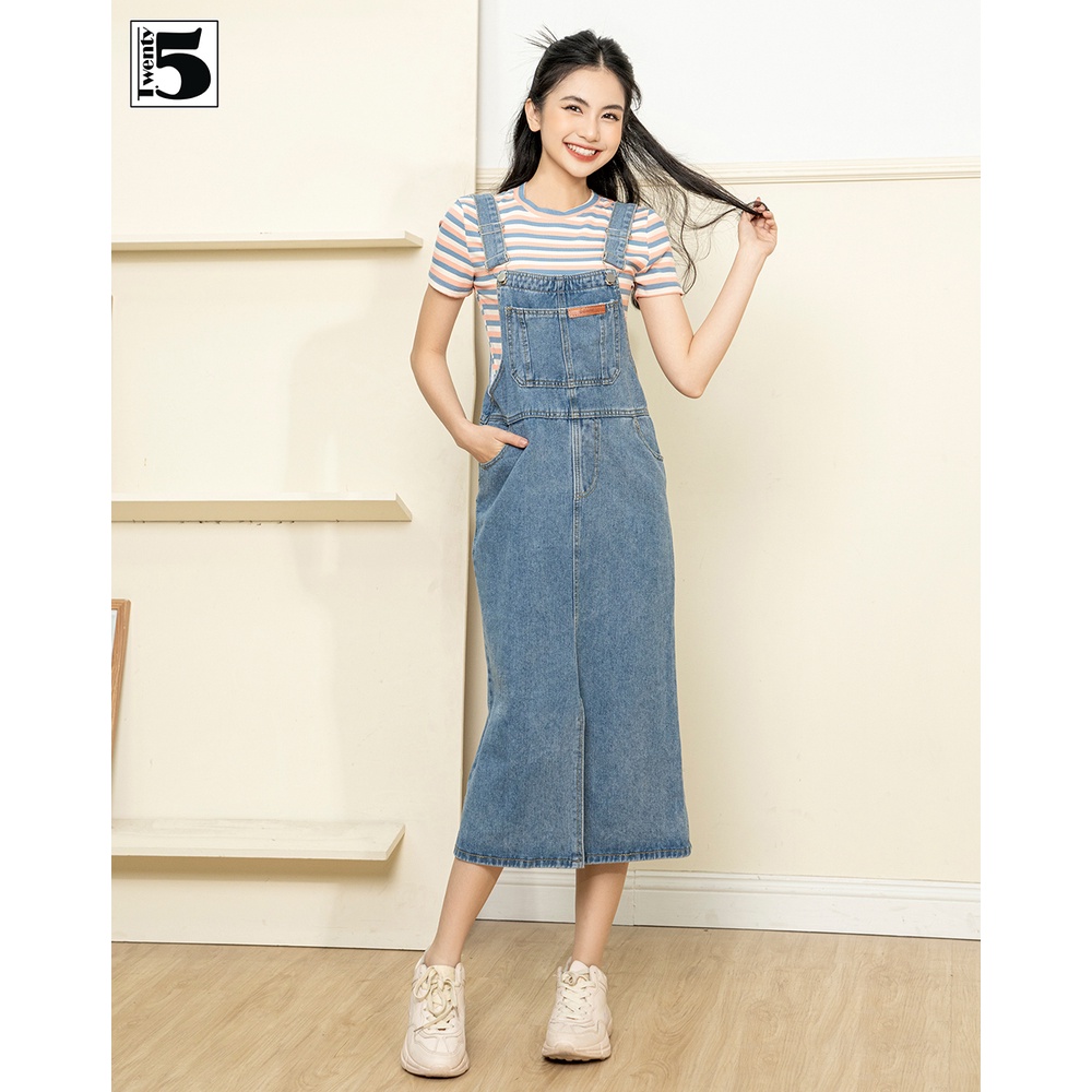 Chân váy yếm nữ Twentyfive jeans mềm dáng dài xẻ trước túi ốp ngực 4540