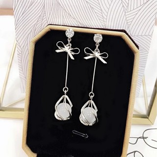 (Chuôi bạc 925) E247 Khuyên tai bông tai nữ nơ thả đá sáng đẹp dự tiệc cô dâu Ring House