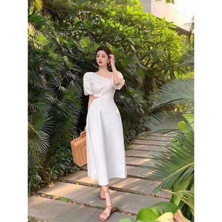 Đầm maxi hở eo - Đầm khoét eo cổ xéo tôn dáng [Hàng TK Shop chụp cận chất]