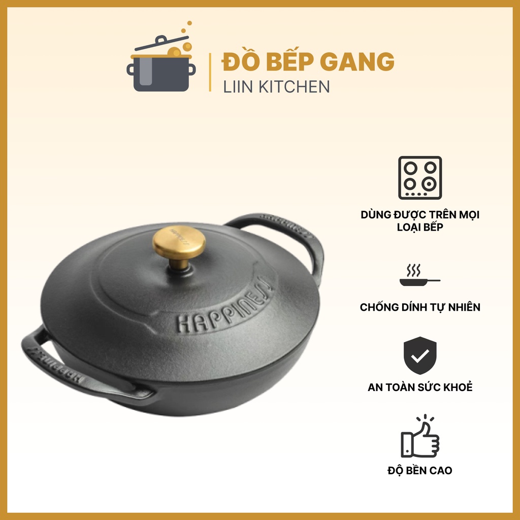 Nồi Gang Happiness Kho Thịt Cá, Nồi Gang Nguyên Khối Chống Dính Dùng Được Trên Bếp Từ LIIN KITCHEN