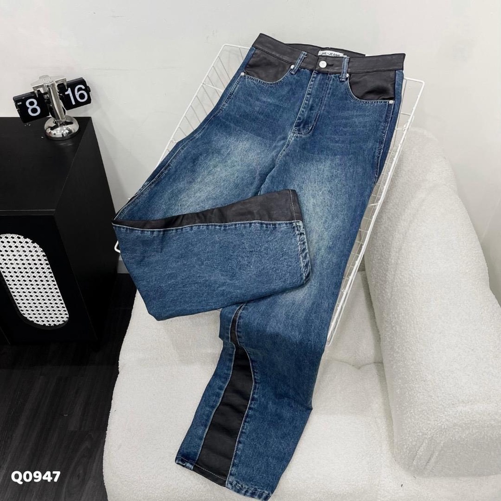Quần Jean Ống Rộng Phối Da LJIN Q0947 Thời Thượng Cá Tính