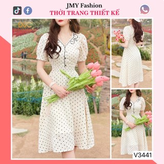 V3441 Váy đầm kem hoạ tiết chấm bi nữ tính váy xoè nữ chấm bi