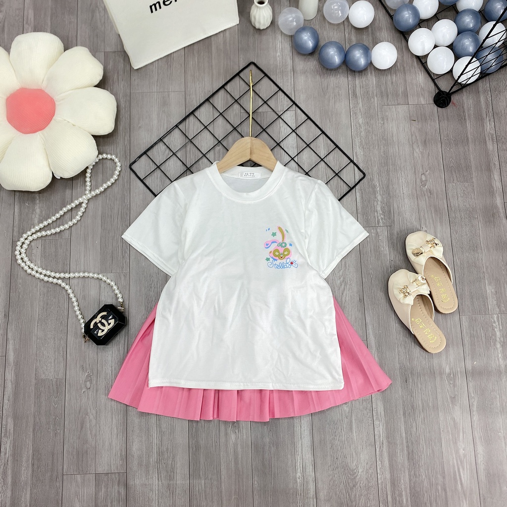 Set 2 món áo mix chân váy "HOA" xếp li 18-48kg xinh xắn cho bé gái 4-14 tuổi. Phong cách Hàn Quốc. STG64