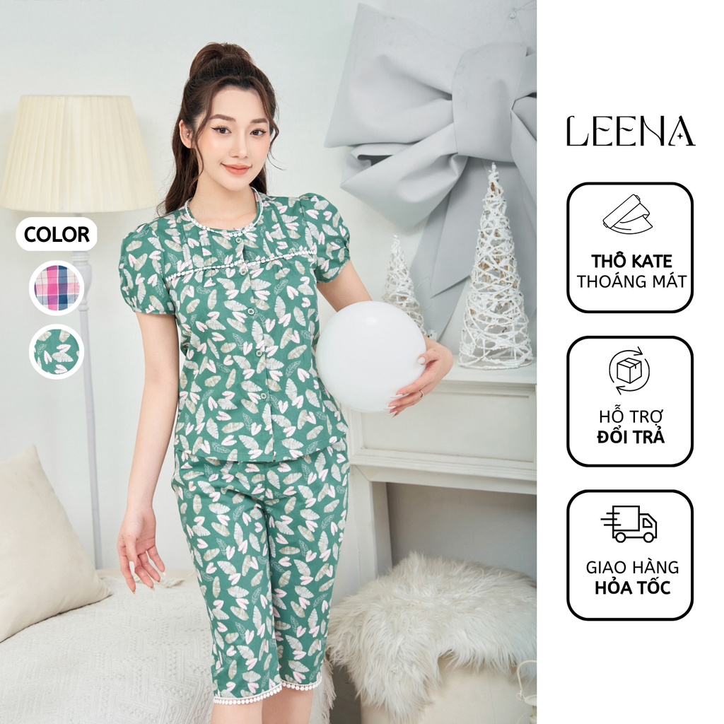 Bộ Ngủ Đồ Bộ Mặc Nhà Vải Thô Kate Dáng Áo Cộc Quần Lửng Cổ Tròn Vải Thoáng Mát Thấm Hút Mồ Hôi Leena Homwear 23T301+02