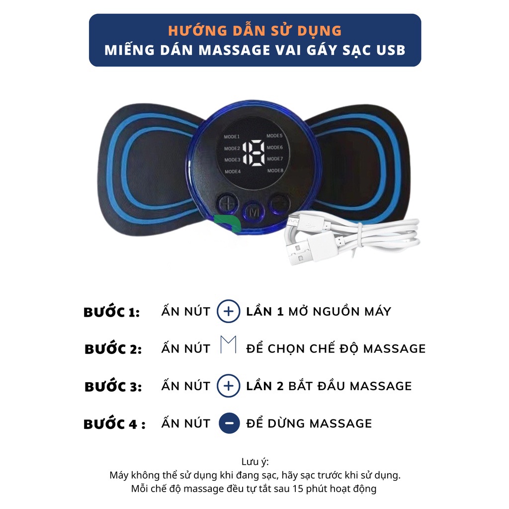 Miếng dán massage xung điện cổ vai gáy, bắp tay, lưng 10 chế độ mát-xa, pin sạc - Máy mass