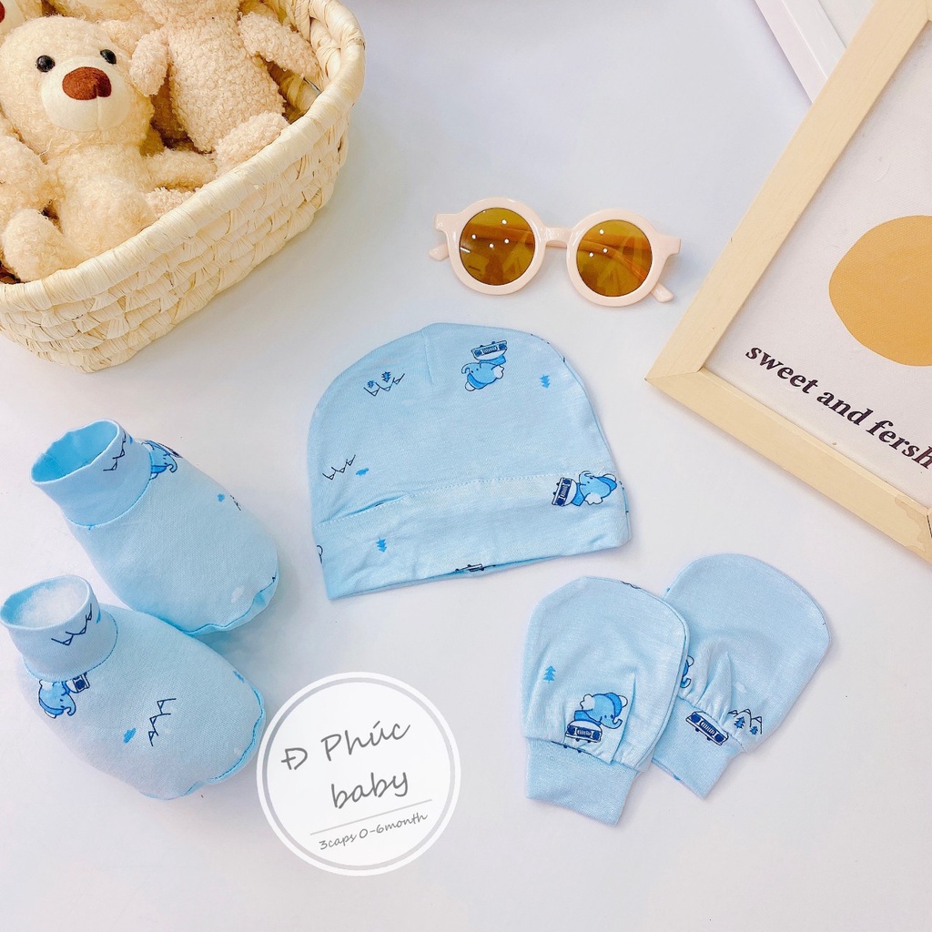 Set Mũ Bao Tay Chân Thun Lạnh Họa Tiết Xinh Cho Bé Sơ Sinh