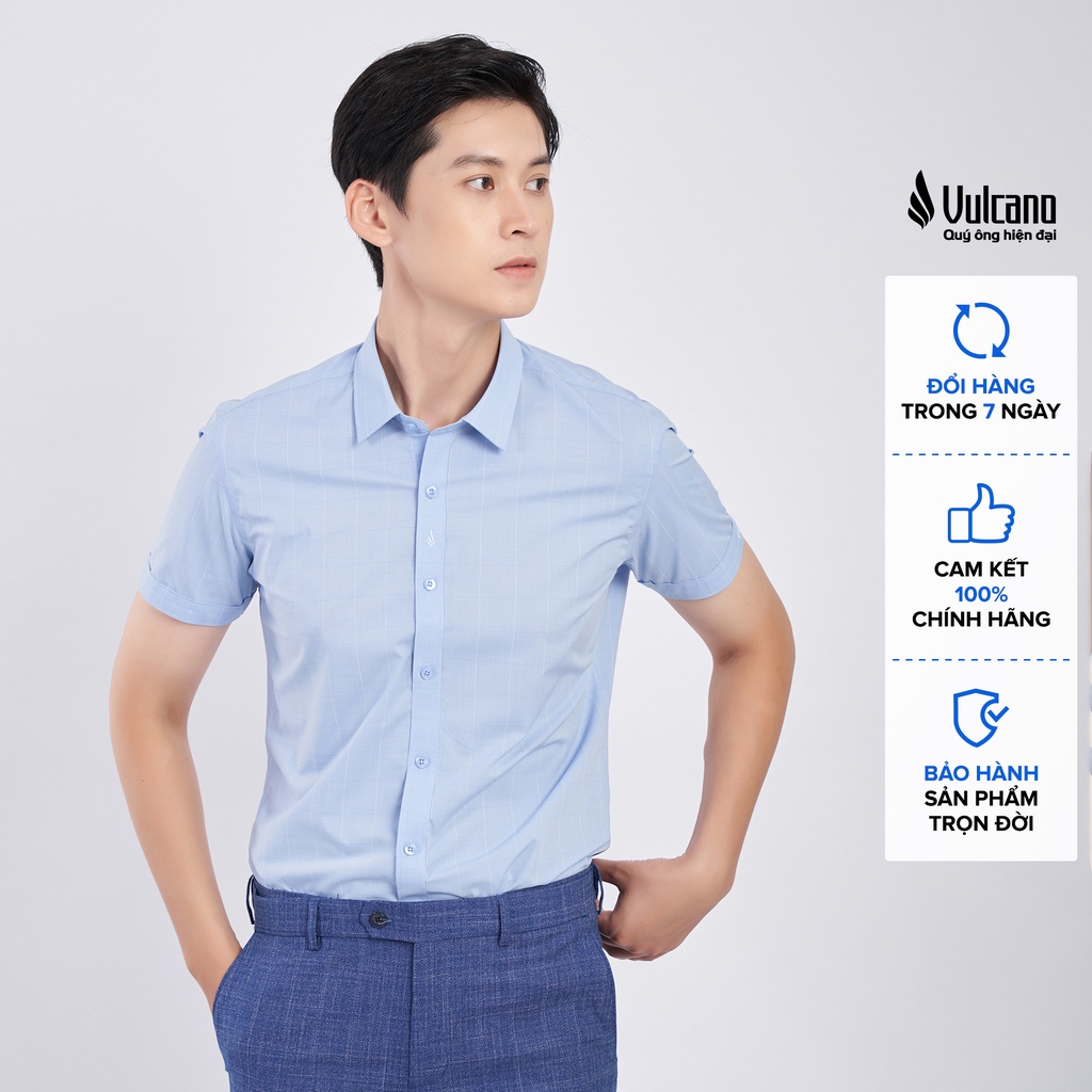 Áo sơ mi nam ngắn tay vải sợi tre cao cấp thanh lịch 2047 màu xanh phối kẻ chìm - Vulcano