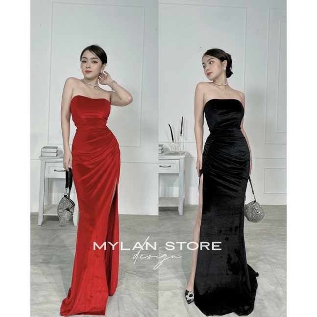 ĐẦM THIẾT KẾ MYLAN STORE DỰ TIỆC DÁNG DÀI XẺ TÀ CÚP NGỰC CHẤT NHUNG NHẬP CO GIÃN TỐT