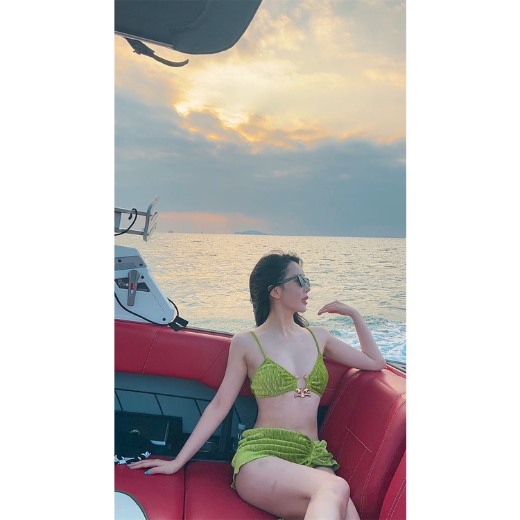 Bộ Đồ Bơi Bikini 3 Mảnh Có Viền Kim Loại Và Váy Màu Trơn Gợi Cảm Hàng Mới Dành Cho Bạn Nữ