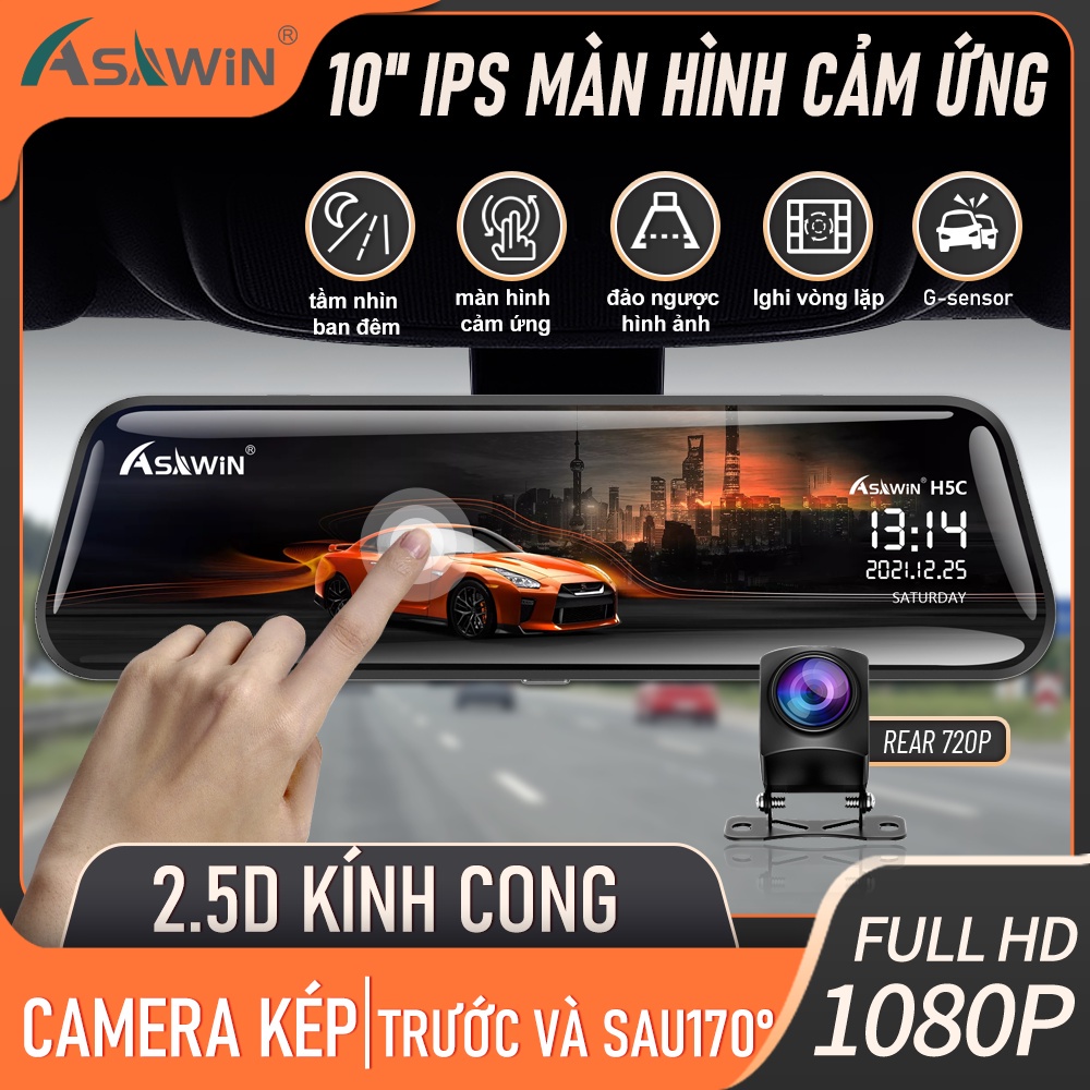 Camera hành trình ASAWIN H5C Kính chiếu hậu 10inch cảm ứng ống kính kép HD 1080P