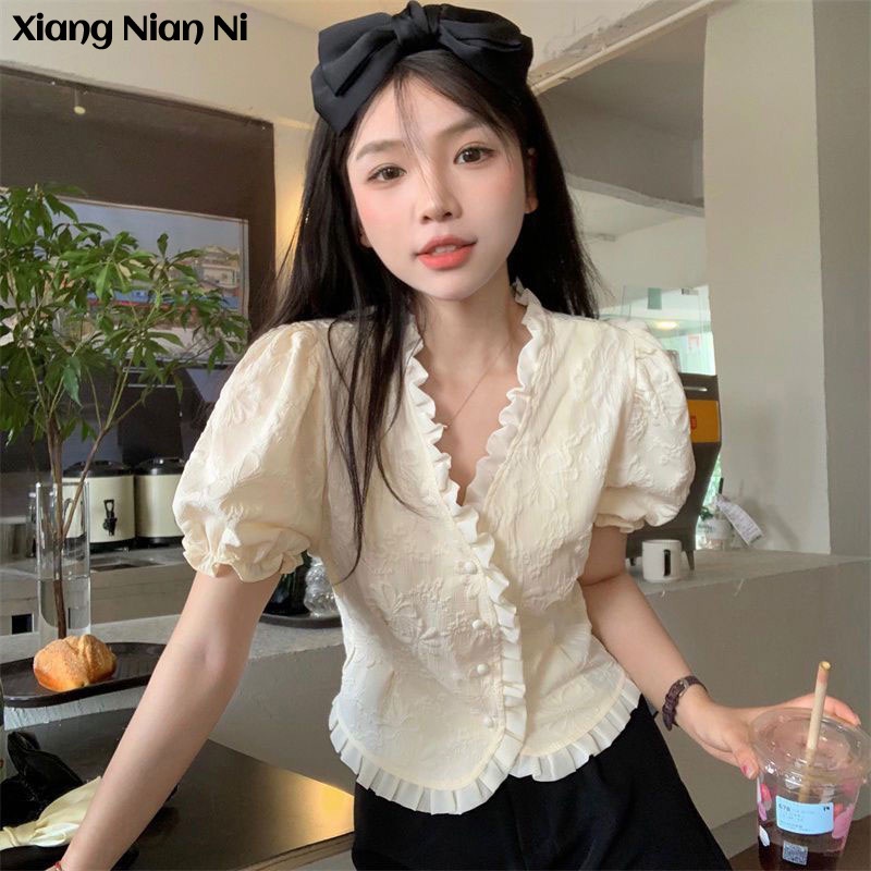 Xiang Nian Ni Áo Sơ Mi Ngắn Thiết Kế Thời Trang Mùa Hè Cao Cấp Cho Nữ Áo Sơ Mi Ngắn Tay Cổ Chữ V Thời Trang Dành Cho Nữ