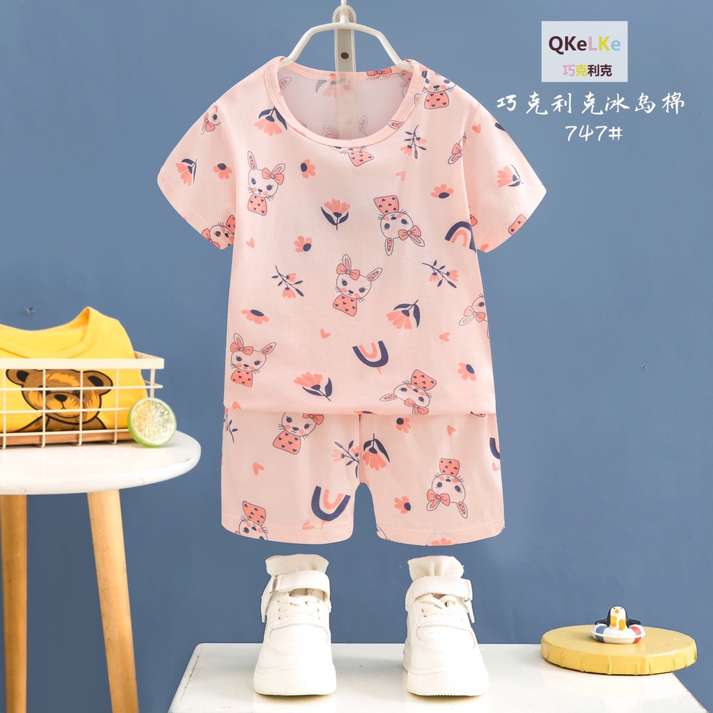 (Xuất hàn QiQi 8-36kg) Bộ quần áo cotton ngắn tay QiQi xuất hàn cho bé gái 8-36kg