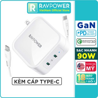 Củ Sạc RAVPower RP-PC128 PD 90W Công Nghệ GaN 2 Cổng Type-C Sạc Macbook, Smartphone, Tablet, Laptop - Hàng Chính Hãng