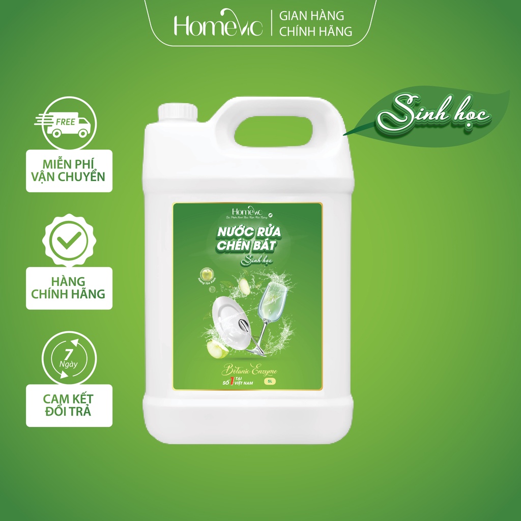 Nước Rửa Chén Bát Sinh Học Homevic 5L Mềm Dịu Da Tay, Đánh Bay Dầu Mỡ
