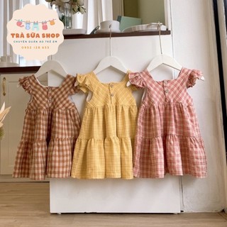 Váy đầm bé gái cánh tiên caro nơ trà sữa shop