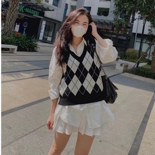 Áo len gile hoạ tiết caro phong cách hàn quốc