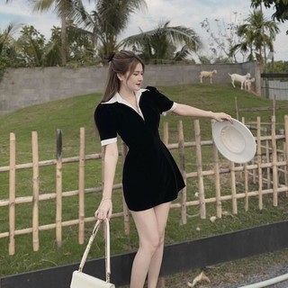 Đầm mini đen phối cổ sơ mi trắng bẻ tay phồng viền dáng ngắn