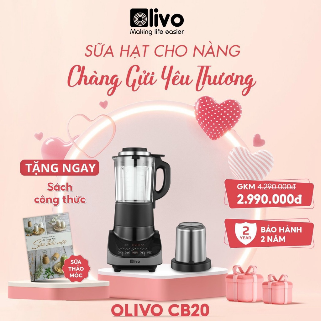 Máy Xay Nấu Đa Năng OLIVO CB20 - Độ Ồn Thấp Nhất - Chống Trào Tuyệt Đối - Vệ Sinh Khử Khuẩn - Chống Dính Gốm