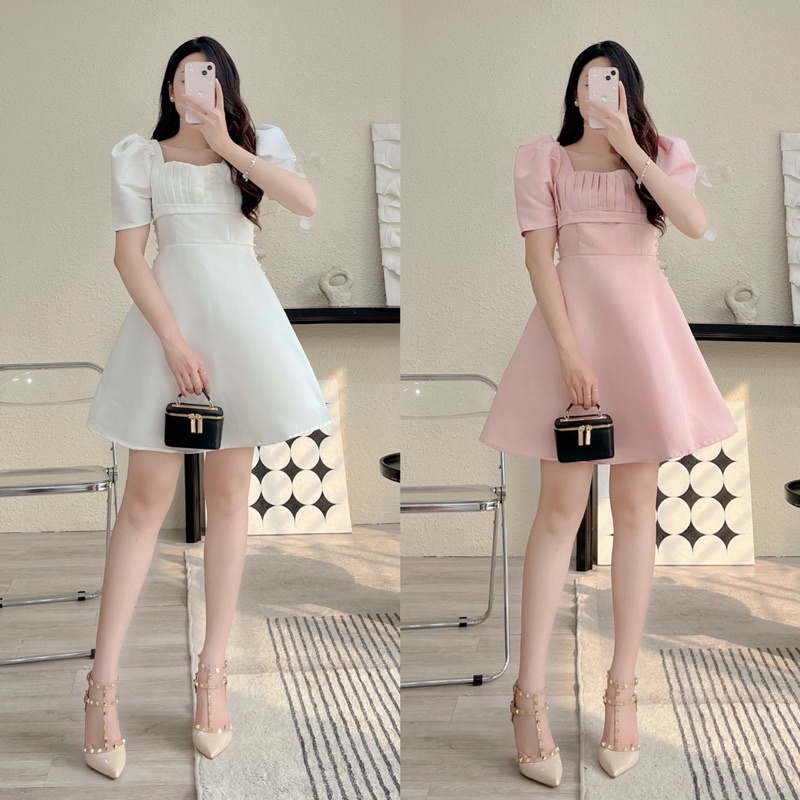 Váy dự tiệc nữ cổ vuông xếp ly ngực thiết kế dáng A ôm eo tông dáng